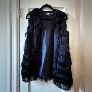 Anthropologie Eva Franco Navy Blue Fringe Vest Size Small Tiered Open Front Boho